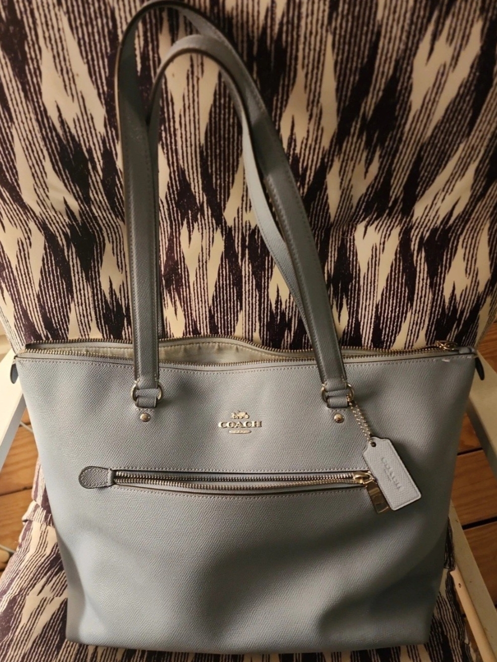 Coach Pale Blue Leather Tote with Front Zip Pocket